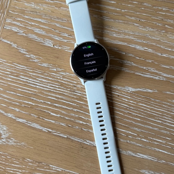 Garmin Smartwatch with Silver Bezel and White Band